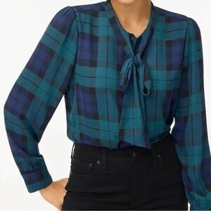 J. Crew Factory Plaid Tie-Neck Blouse - Blue and Green Size XS